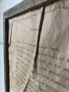 Ozymandias by Percy Bysshe Shelley. Vintage poem print. Typewritten. Close up of rustic frame.