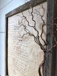 The Road Not Taken by Robert Frost. Vintage poem print. Typewritten. Framed in rustic wood with hand twisted copper wire tree. Close up of tree and text.
