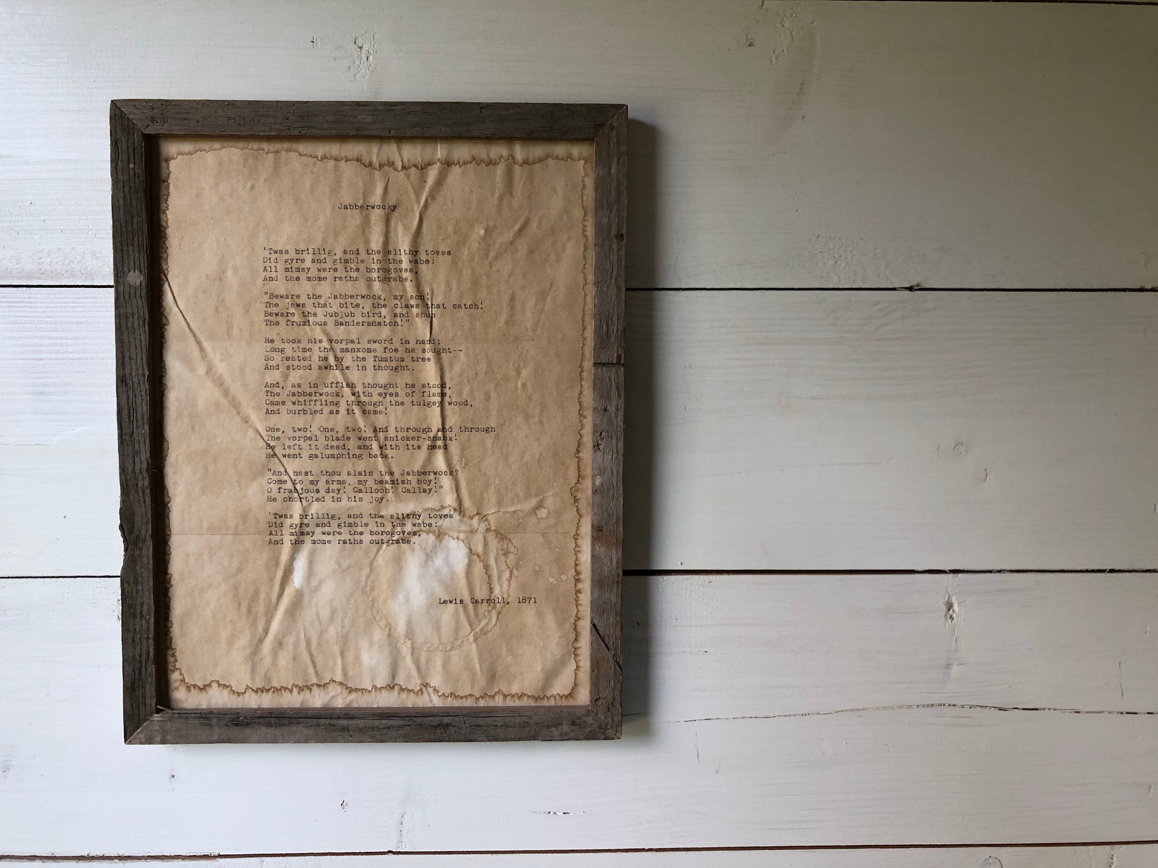 Jabberwocky by Lewis Carroll. Vintage poem print. Typewritten.